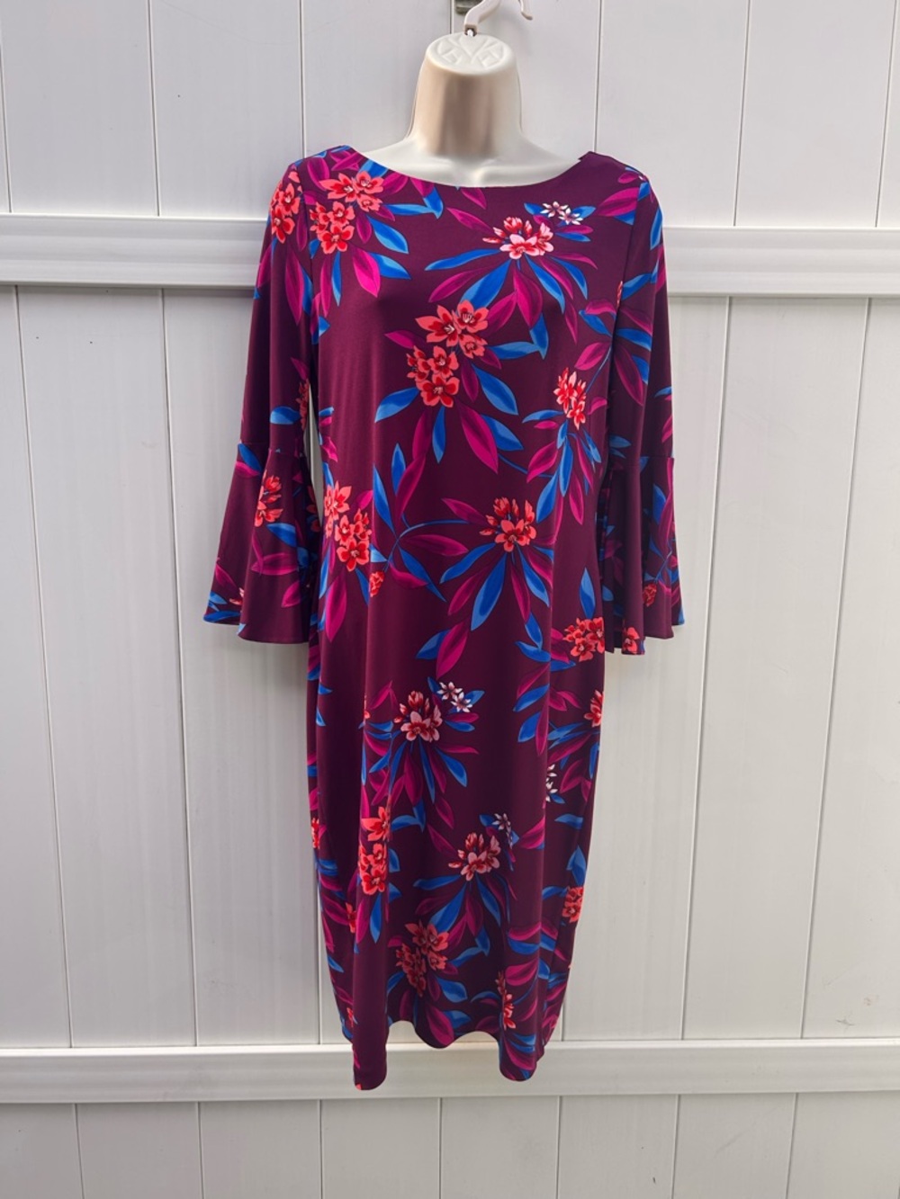 Calvin Klein Plum Blue & Orange Floral Midi Dress Flutter Half Sleeve | Size 6